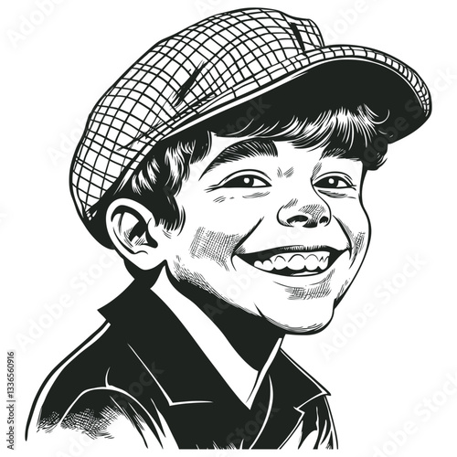 Vector illustration of a smiling boy wearing a flat cap in vintage engraving style. Black and white portrait with detailed hatching texture. Retro character with cheerful expression.