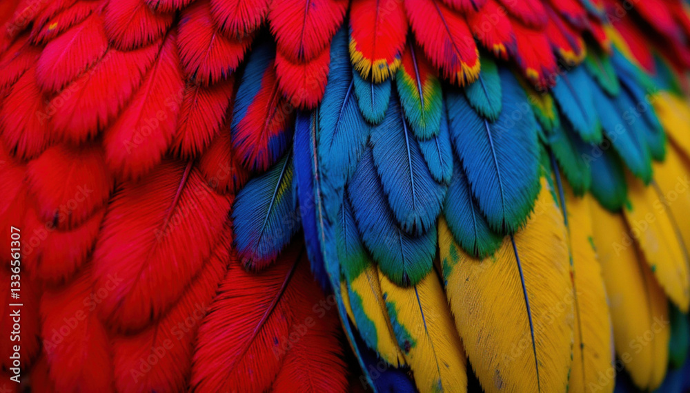 Obraz premium Vibrant feathers display stunning mix of red, blue, green, and yellow hues, showcasing nature beauty