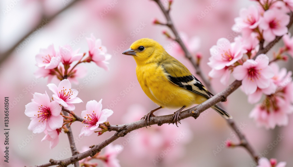 vibrant yellow bird perched on branch surrounded by pink cherry blossoms, creating serene and beautiful spring scene vibrant yellow bird perched on branch surrounded by pink cherry blossoms, creating serene and beautiful spring scene