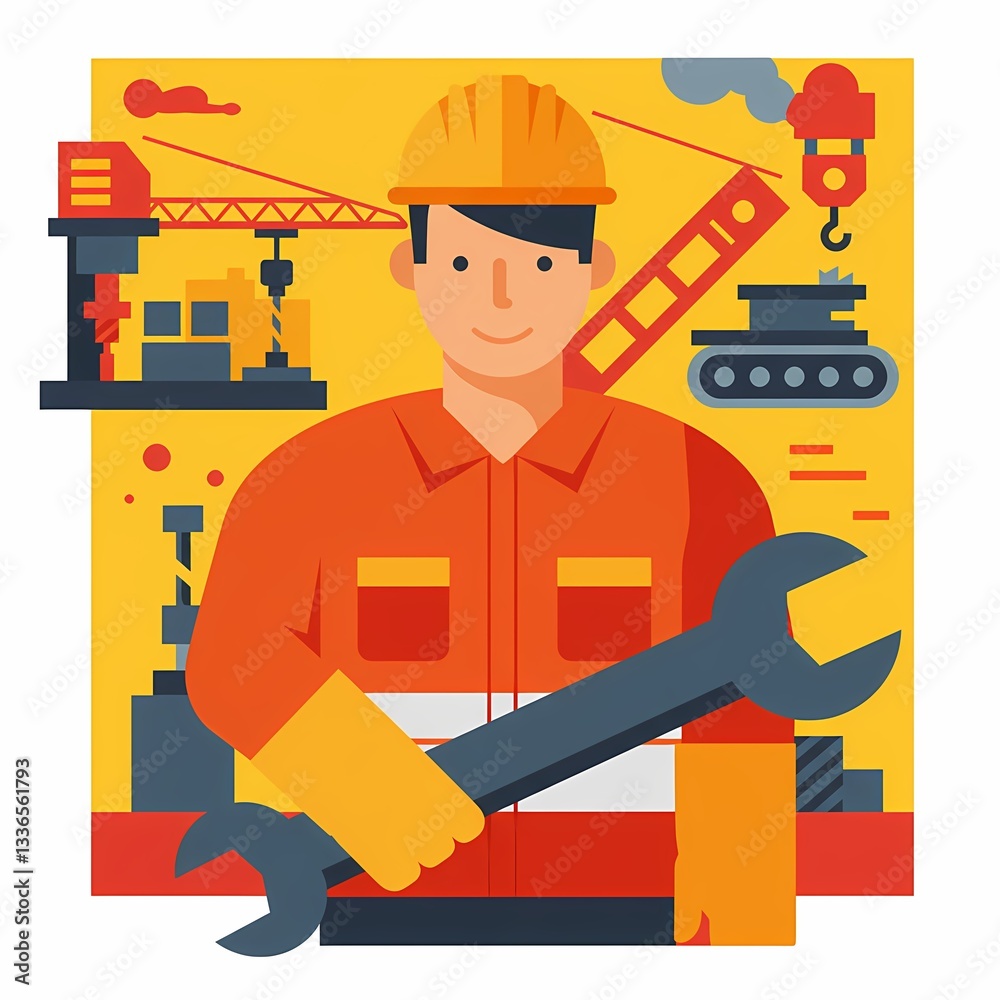 Fototapeta premium Construction Worker Illustration with Wrench Wearing Hard Hat on Site