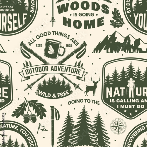 Outdoor adventure seamless pattern with emblems, logos. Background, wallpaper, seamless pattern with oak leaf and acorns, hiking boot, pin forest, coffee or tea mug, hiking poles. Vector.
