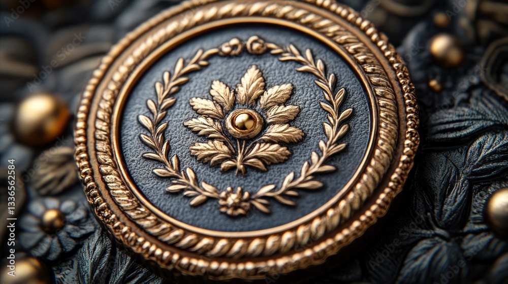 Intricate Gold and Dark Blue Embossed Medallion Detail Intricate Gold and Dark Blue Embossed Medallion Detail