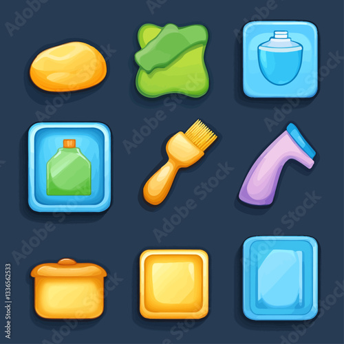 Cartoon Icons Cleaning Supplies, Brush, Sponges on Dark Blue Background
