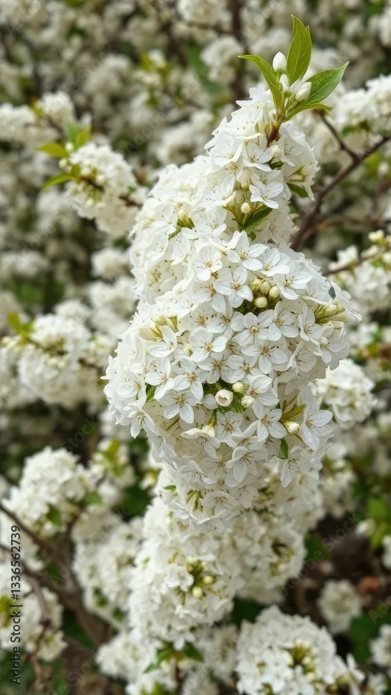 Bush covered in white flowers blooming on a spring branch, white flowers,