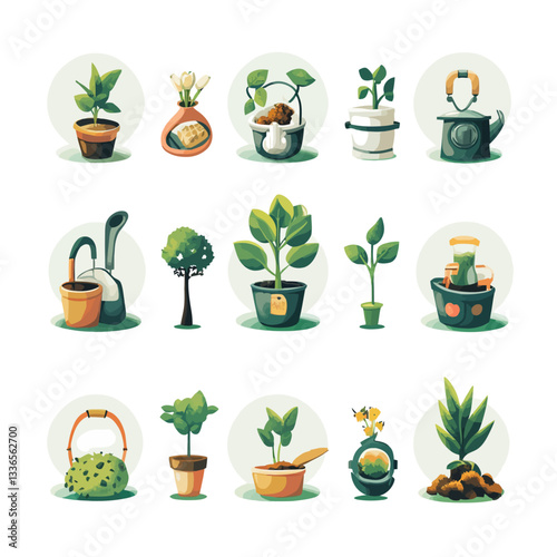 Stylized Plants in Pots Collection, Gardening, Botanical Illustration
