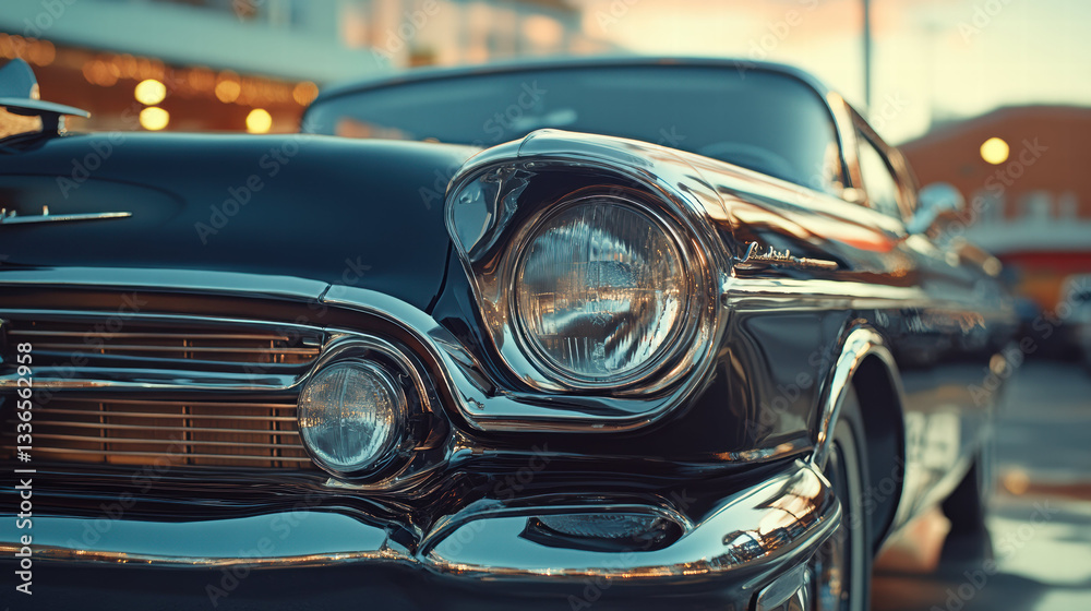Fototapeta premium sleek black car with gleaming chrome details stands out in afternoon light, showcasing its vintage design and polished finish, evoking sense of nostalgia and elegance