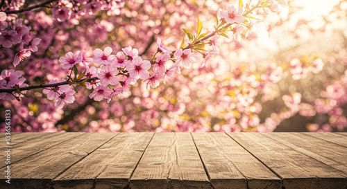 Beautiful Cherry Blossoms in Spring – Wooden Table Background for Design & Inspiration