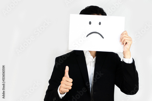Photography Businessman covering face with a sad face drawing and giving a thumbs up, conveying mixed feelings or hidden emotions