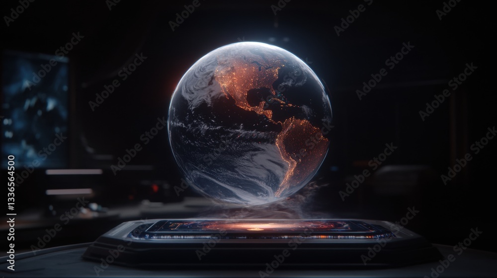 A holographic globe floating above a futuristic control panel. A holographic globe floating above a futuristic control panel.