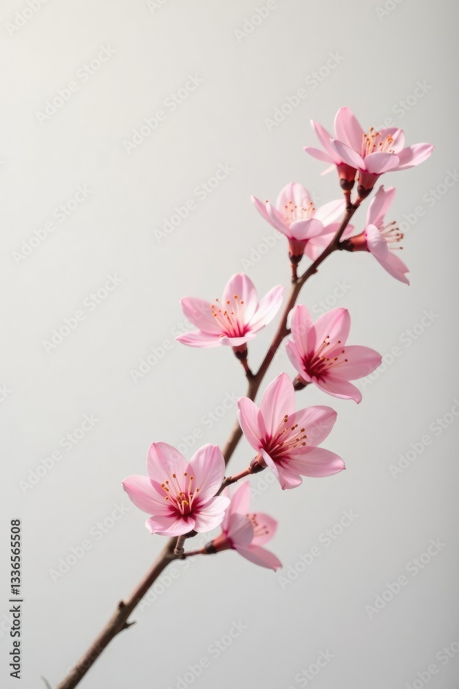 Fototapeta premium Delicate branch with soft pink hue against white background, minimalist, flowers,