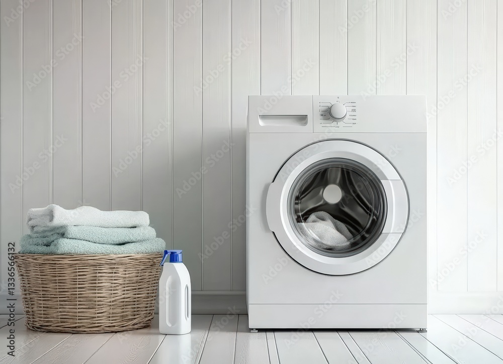 Washing machine with laundry basket and detergent in bathroom Washing machine with laundry basket and detergent in bathroom