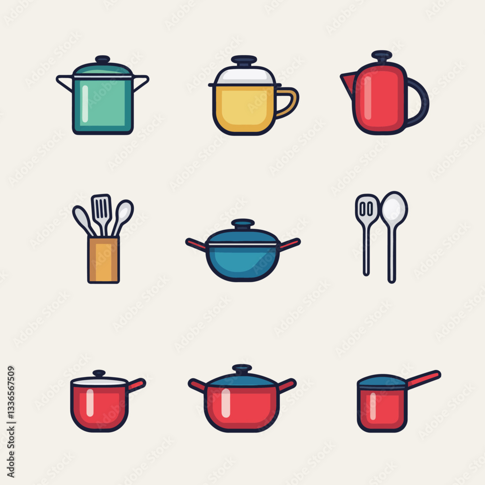 Kitchen cooking utensils, pots, and pans illustration in color graphic design. Kitchen cooking utensils, pots, and pans illustration in color graphic design.