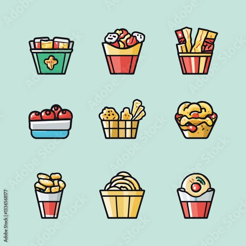 Set of Colorful Illustrated Food Icons on Light Blue Background