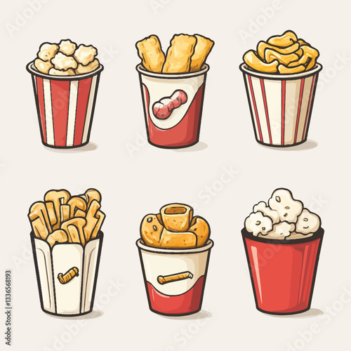 Cartoon food selection: popcorn, fries, nuggets, chips, and other snacks.
