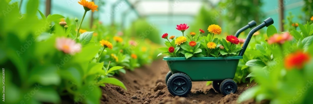 Fototapeta premium Greenery and flowers in a plastic garden cart, vegetation, greenhouse