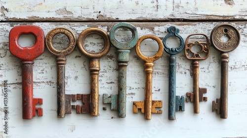 Collection of antique keys on weathered white wood.