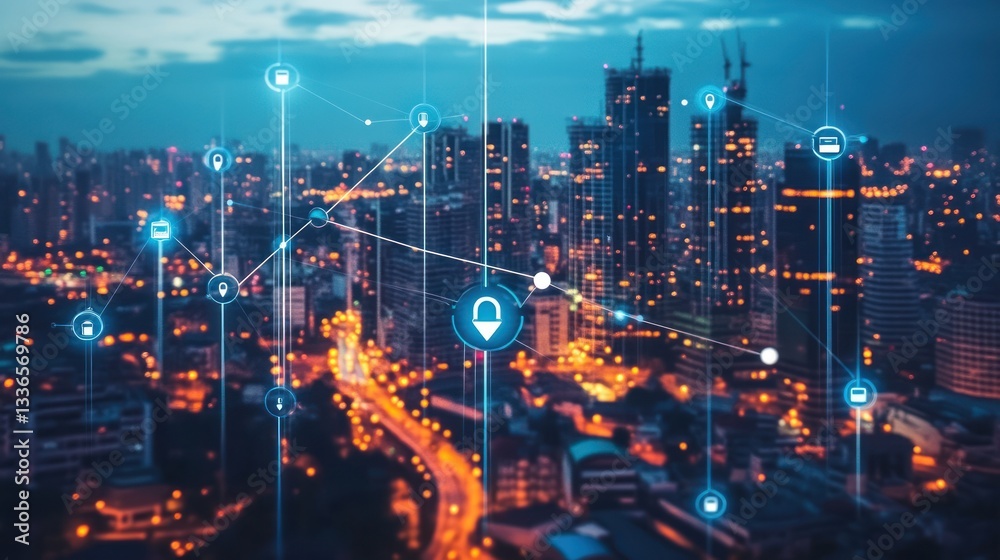 Fototapeta premium Cityscape at night with digital connections, urban development, possible use for technology and innovation