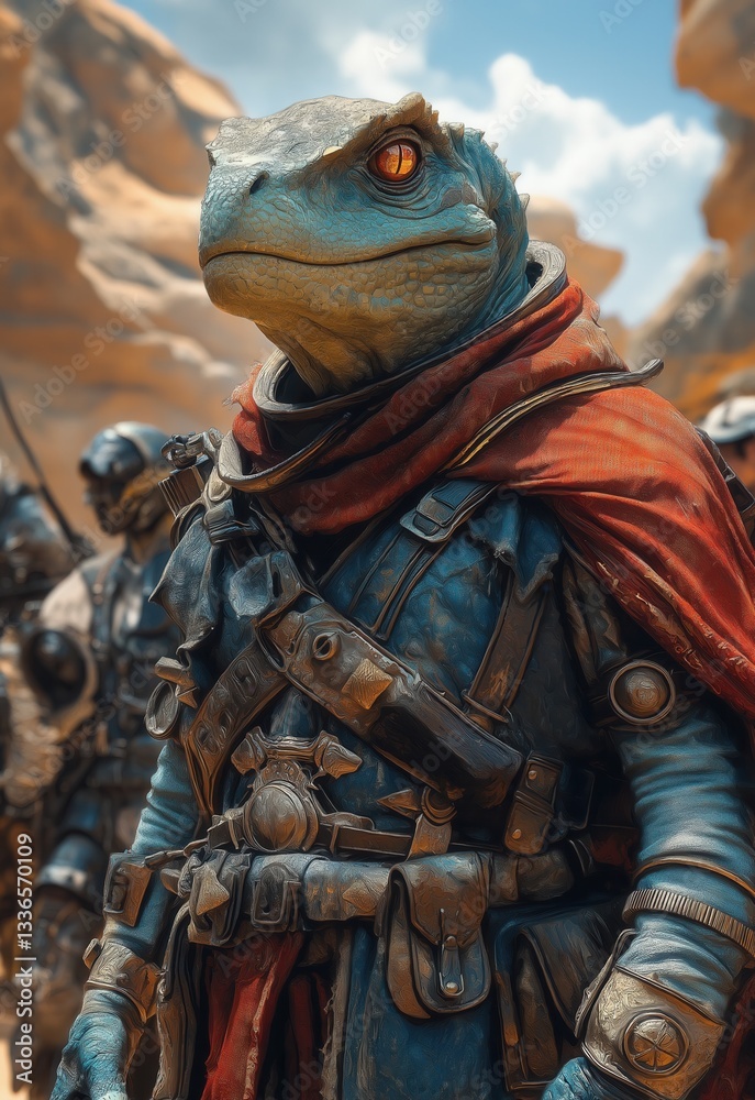 An dino wearing a steampunk power armor. An dino wearing a steampunk power armor.