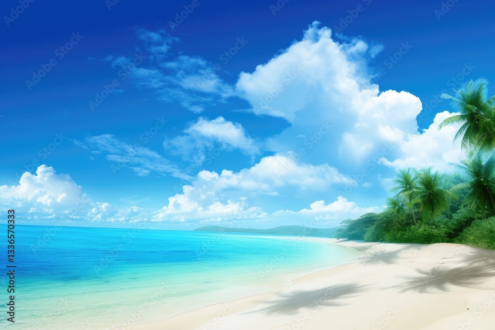 A beautiful sunny beach scene with blue water and white sand A beautiful sunny beach scene with blue water and white sand