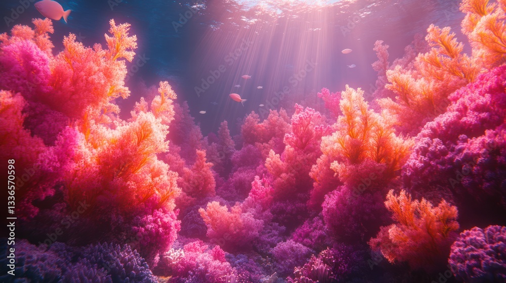 Fototapeta premium Vibrant coral reef scene with sunbeams.