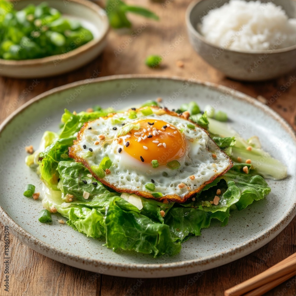 Sunny Side Up Egg on Green Salad Fresh Meal Gourmet Delight Culinary Presentation Healthy Breakfast