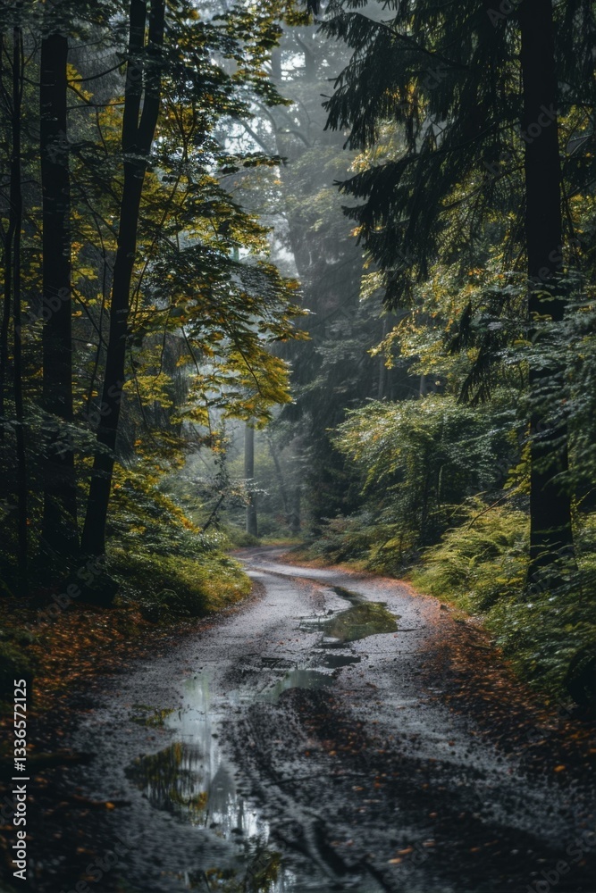 Fototapeta premium Wet Forest Path After Rain With Reflections of Trees and Sky on the Muddy Water Surface