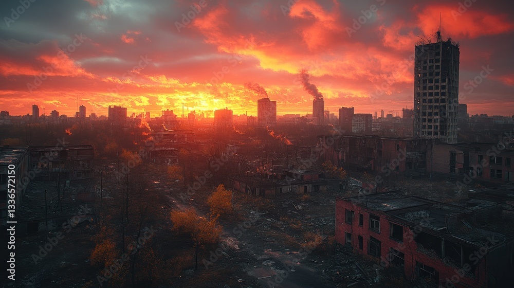 Fototapeta premium Apocalyptic Sunset over Ruined Cityscape