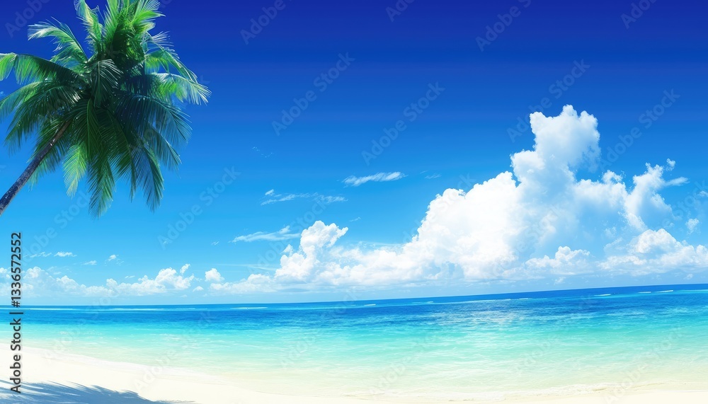A tropical beach scene featuring a palm tree and ocean view A tropical beach scene featuring a palm tree and ocean view