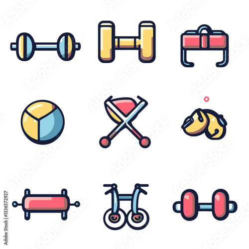 Fitness Icons Set: Dumbbells, Ball, Rings, and Sports Equipment.