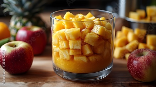 A glass bowl filled with colorful fruit cubes  long title A glass bowl containing a mixture of chopped pineapple apple and other fresh fruits photo