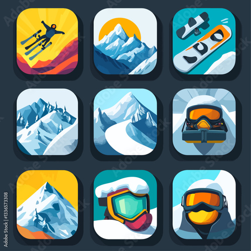 Skiing, Snowboarding, and Mountain Landscapes in Vector Icon Set