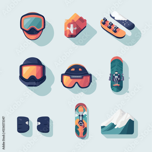 Snowboarding and Skiing Gear Set: Helmet, Goggles, Snowboard, Snow