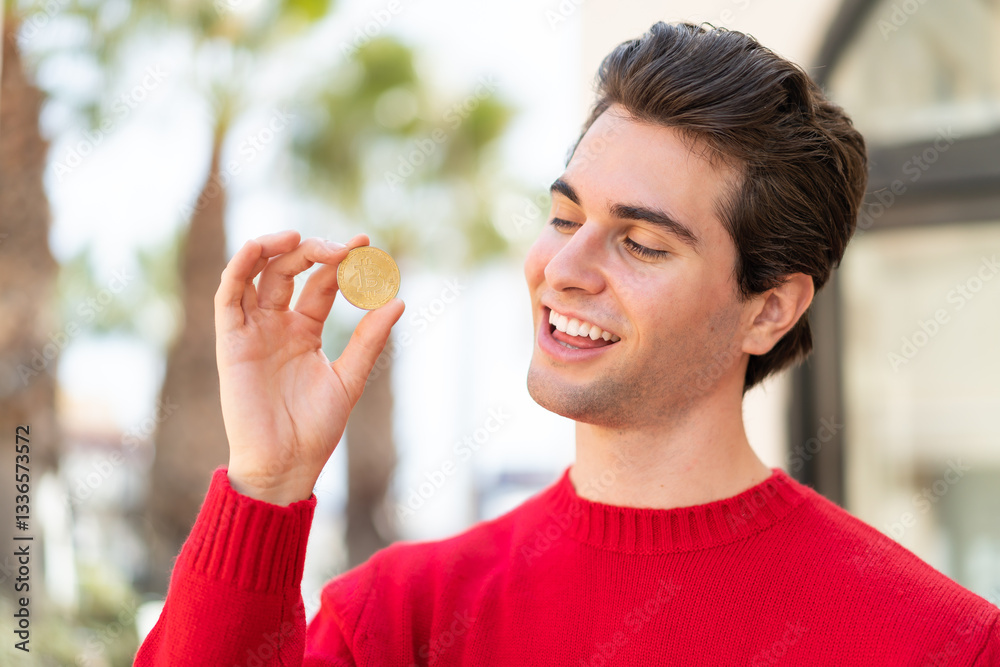 Young handsome man holding a Bitcoin and looking it Young handsome man holding a Bitcoin and looking it