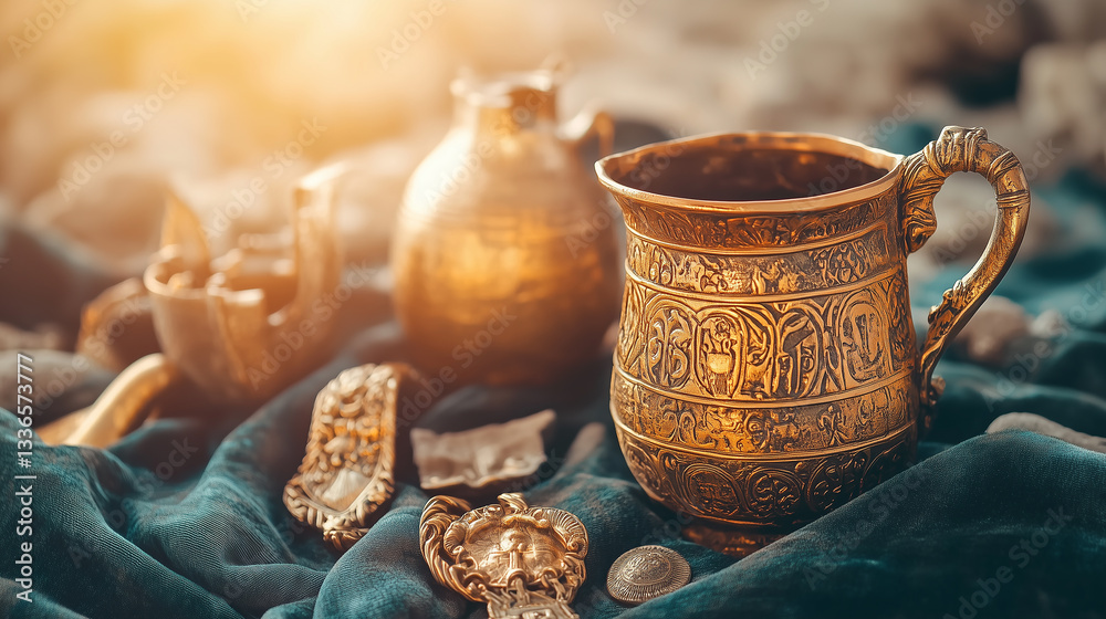 Fototapeta premium A close-up view of ancient gold and silver artifacts placed on a velvet cloth, with a blurred background of an archaeological excavation scene, highlighting a significant historical discovery.