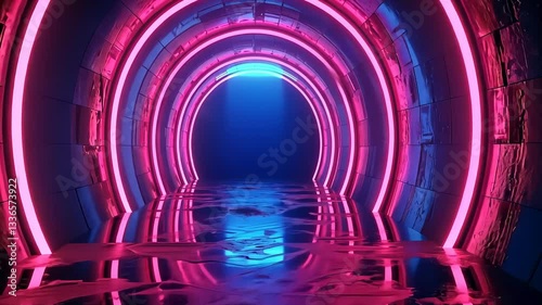 Neon tunnel, vibrant colors, futuristic, reflective