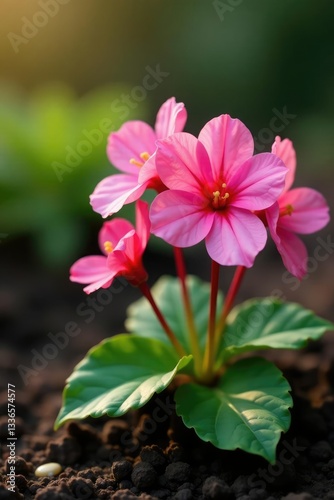 Pink begonias bursting forth from the ground in springtime, blossom, bursting, petals