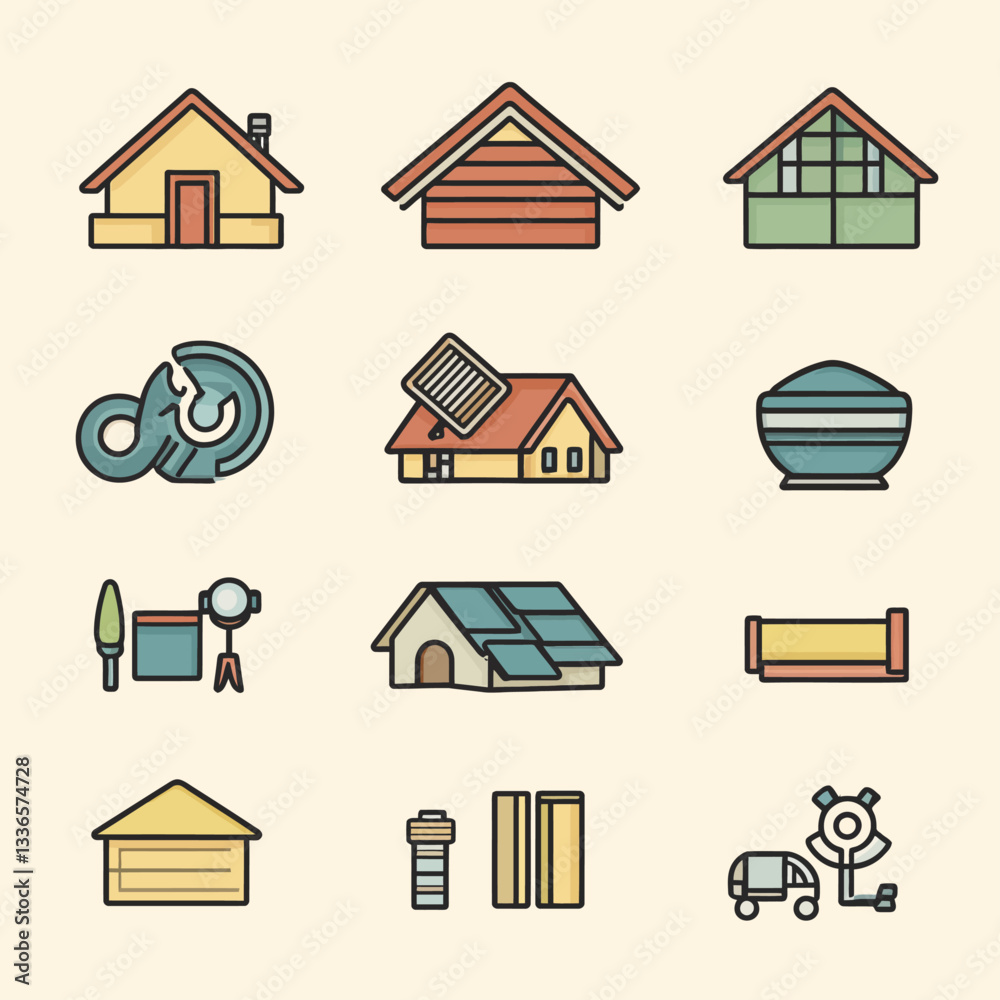 Colorful illustrations of different house, buildings, and construction.