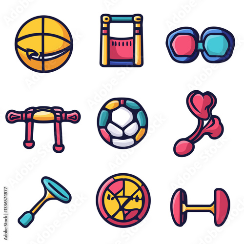 Colorful Sports and Exercise Icons Set, Fitness Elements Illustration