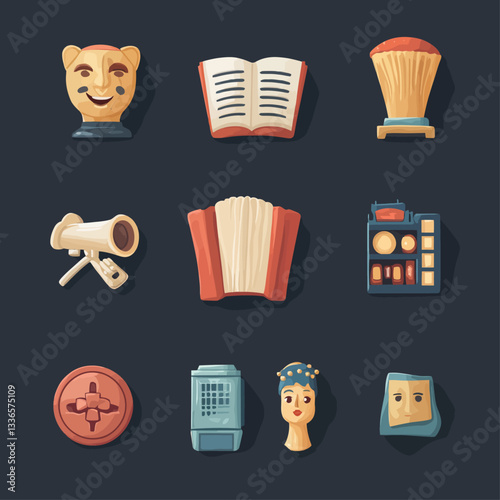 Collection of Illustrated Decorative Objects on a Dark Background