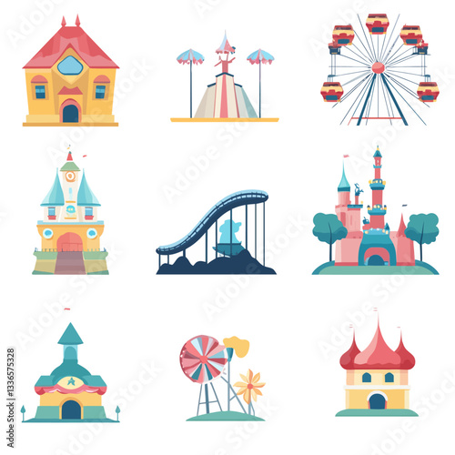 Colorful Amusement Park Illustrations, Fairground Rides and Buildings, Vector Art