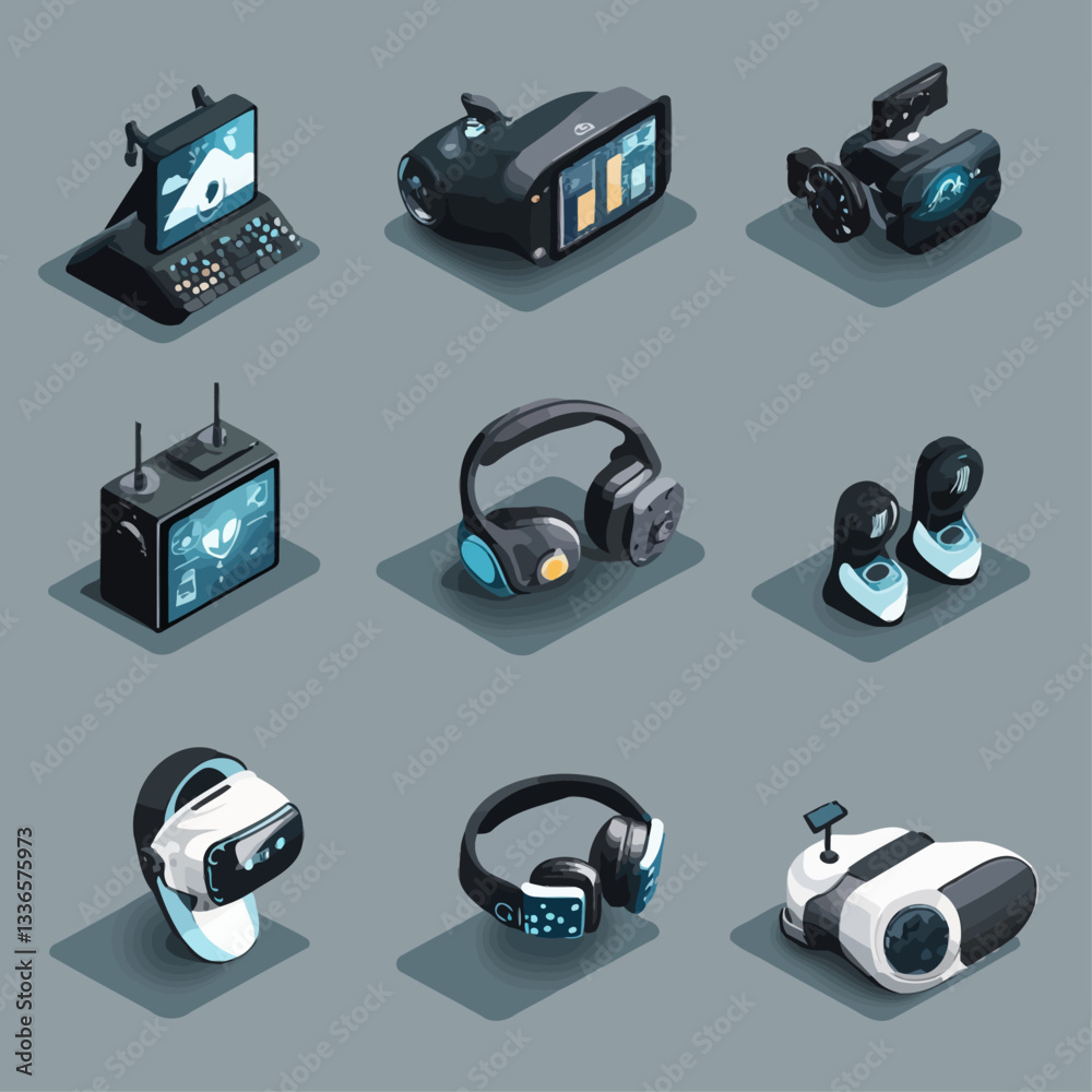 Isometric VR Headset, Headphones, and Technology Devices, Illustration