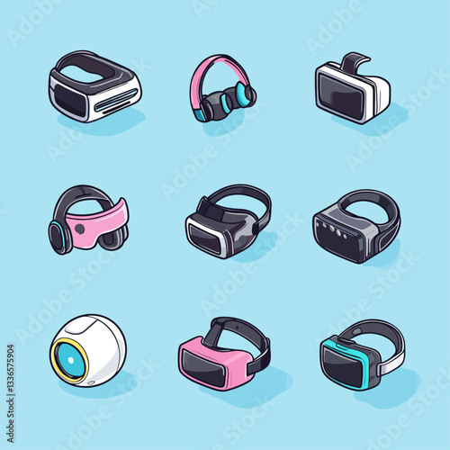Assortment of VR Headsets and Devices on a Blue Background
