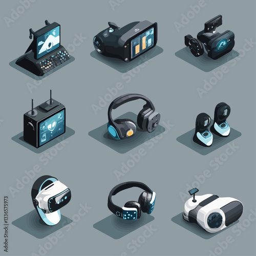 Isometric VR Headset, Headphones, and Technology Devices, Illustration