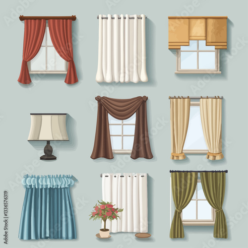 Vector illustration of a window treatments selection for interior design.