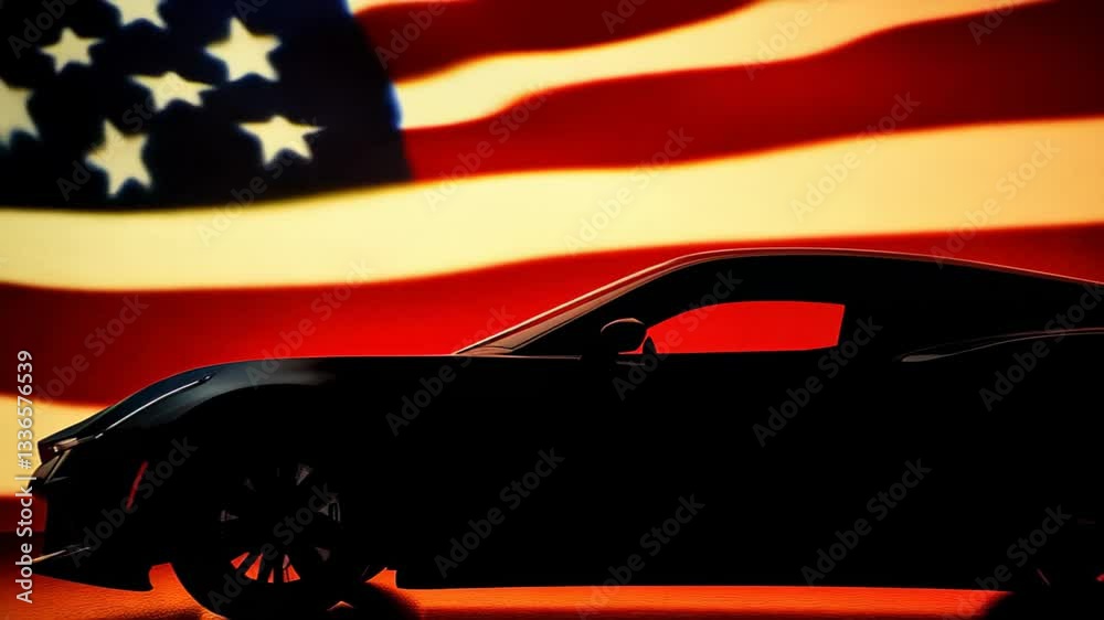 A sleek car silhouette is prominently displayed against a vibrant American flag backdrop, highlighting the fusion of automotive design and national pride in a captivating visual presentation