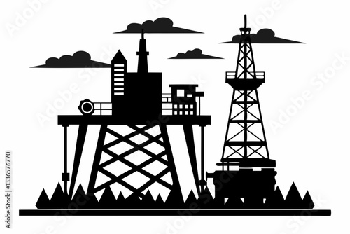 oil rig line art silhouette vector illustration