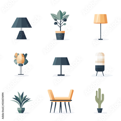 Minimalist home decor set, geometric lamps and potted plants isolated
