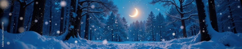 Fototapeta premium Snowflakes gently fall on a peaceful forest at night under the soft glow of the crescent moon's illumination, snowy evening, moonlit woods