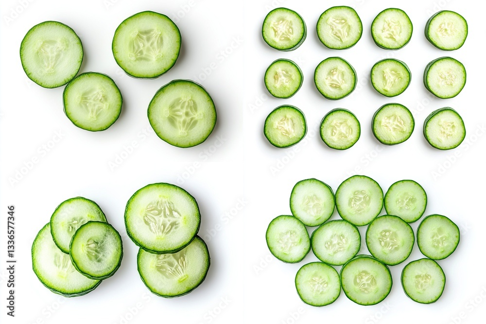 Sliced cucumbers arranged in various patterns on white background. Sliced cucumbers arranged in various patterns on white background.