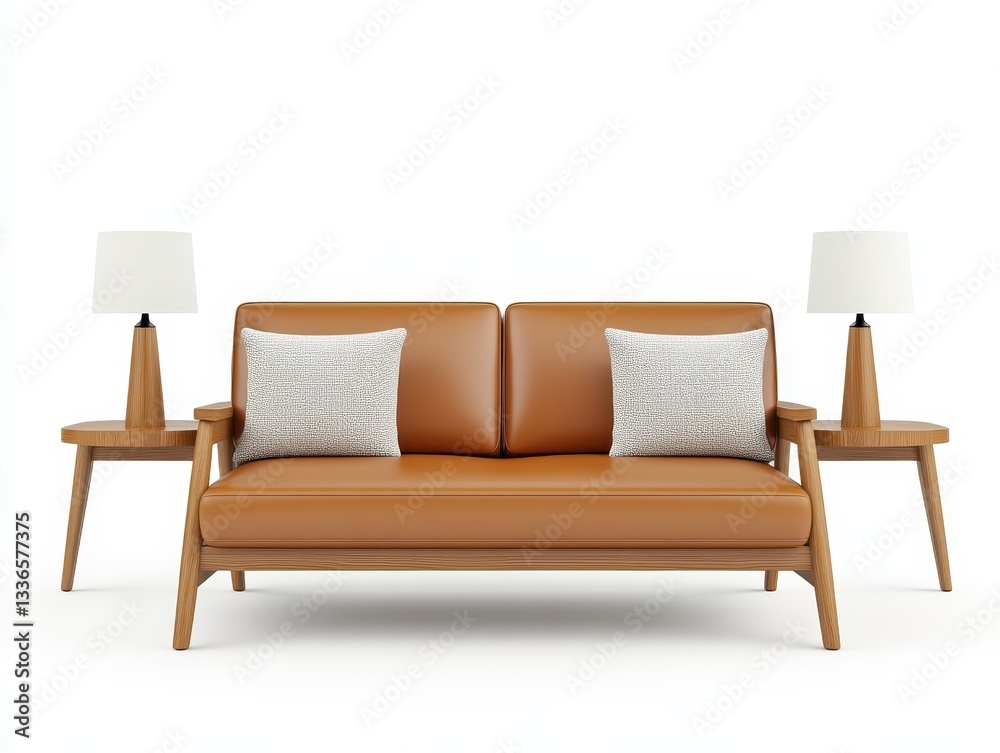 Modern leather sofa with decorative pillows and stylish side tables Modern leather sofa with decorative pillows and stylish side tables